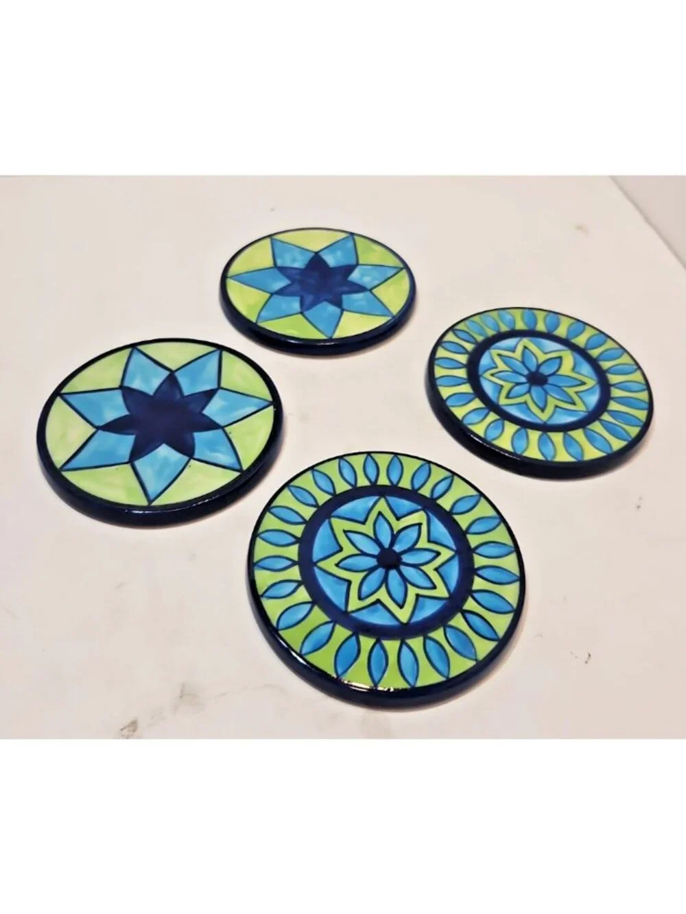Vtg Pier One Ceramic Handpainted Talavera Style Coasters Blue And Green Set Of 4